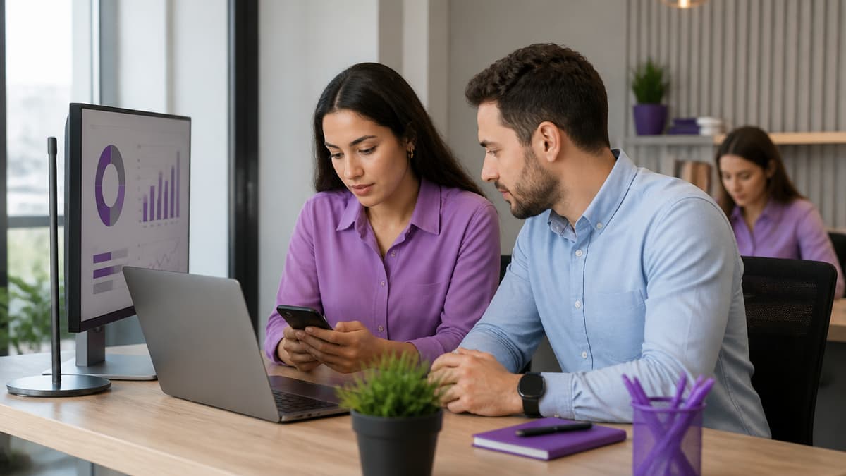 Equipe analisando contatos e mensagens de potenciais clientes em notebook e celular.