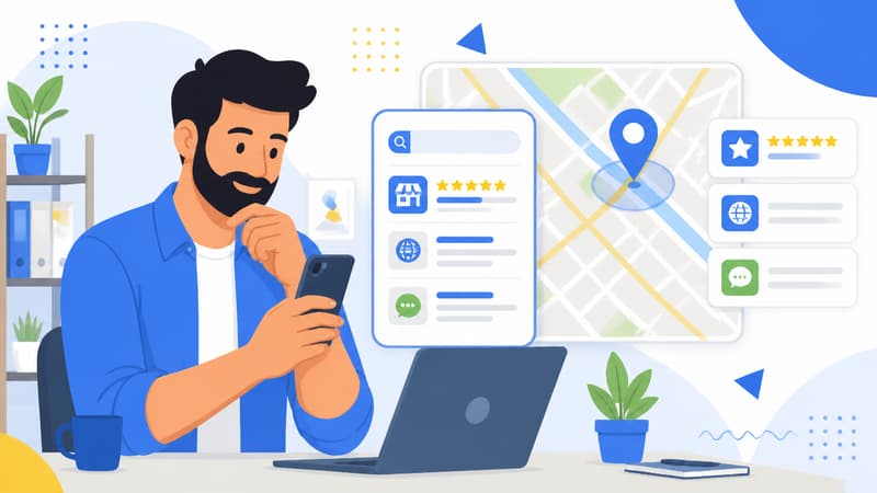 Ilustração de dono de empresa local analisando presença da empresa no Google da cidade pelo celular e mapa digital