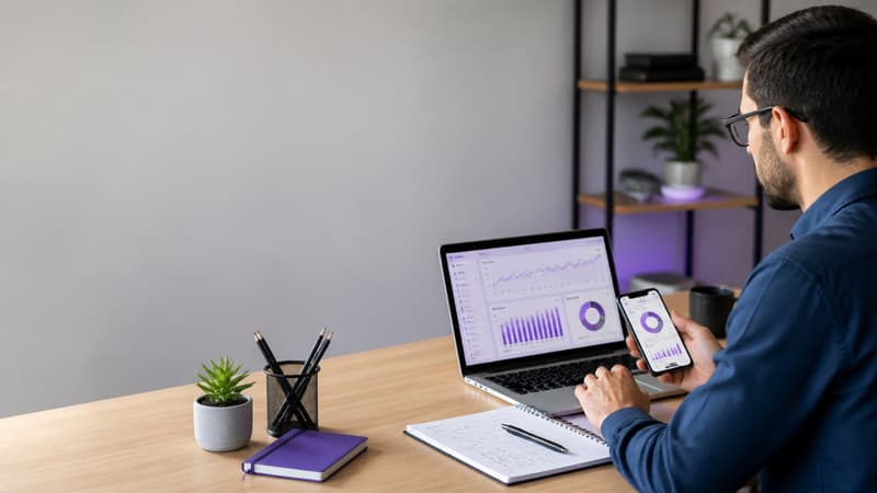 Profissional analisando orçamento e resultados de campanhas de anúncios online em notebook e smartphone