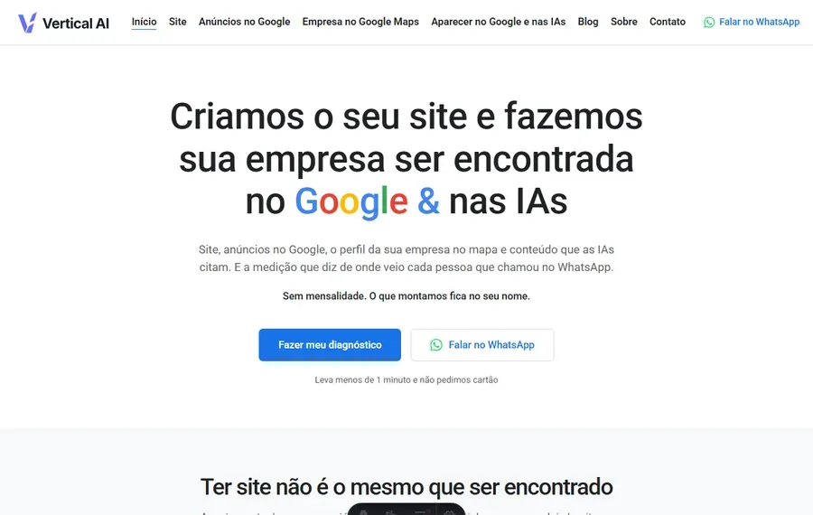 A página inicial do site da Vertical AI, feita do mesmo jeito que fazemos o seu